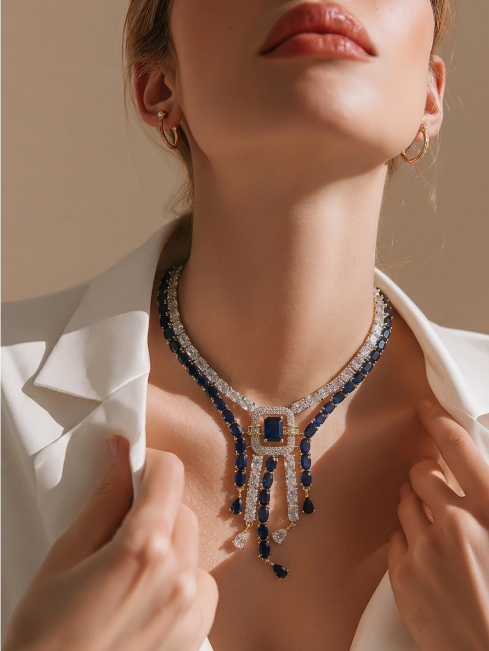 Luxury Blue Stone & Crystal Fringe Necklace - Designer Inspired